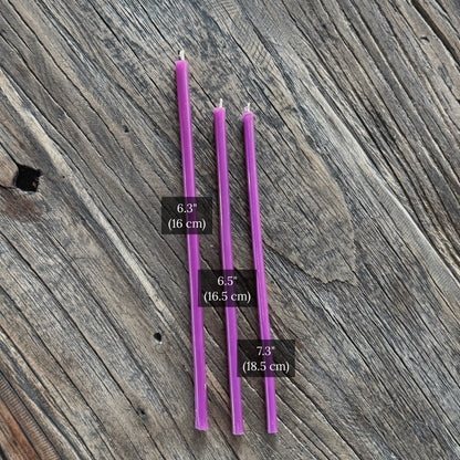 Purple beeswax ritual candles size comparison chart