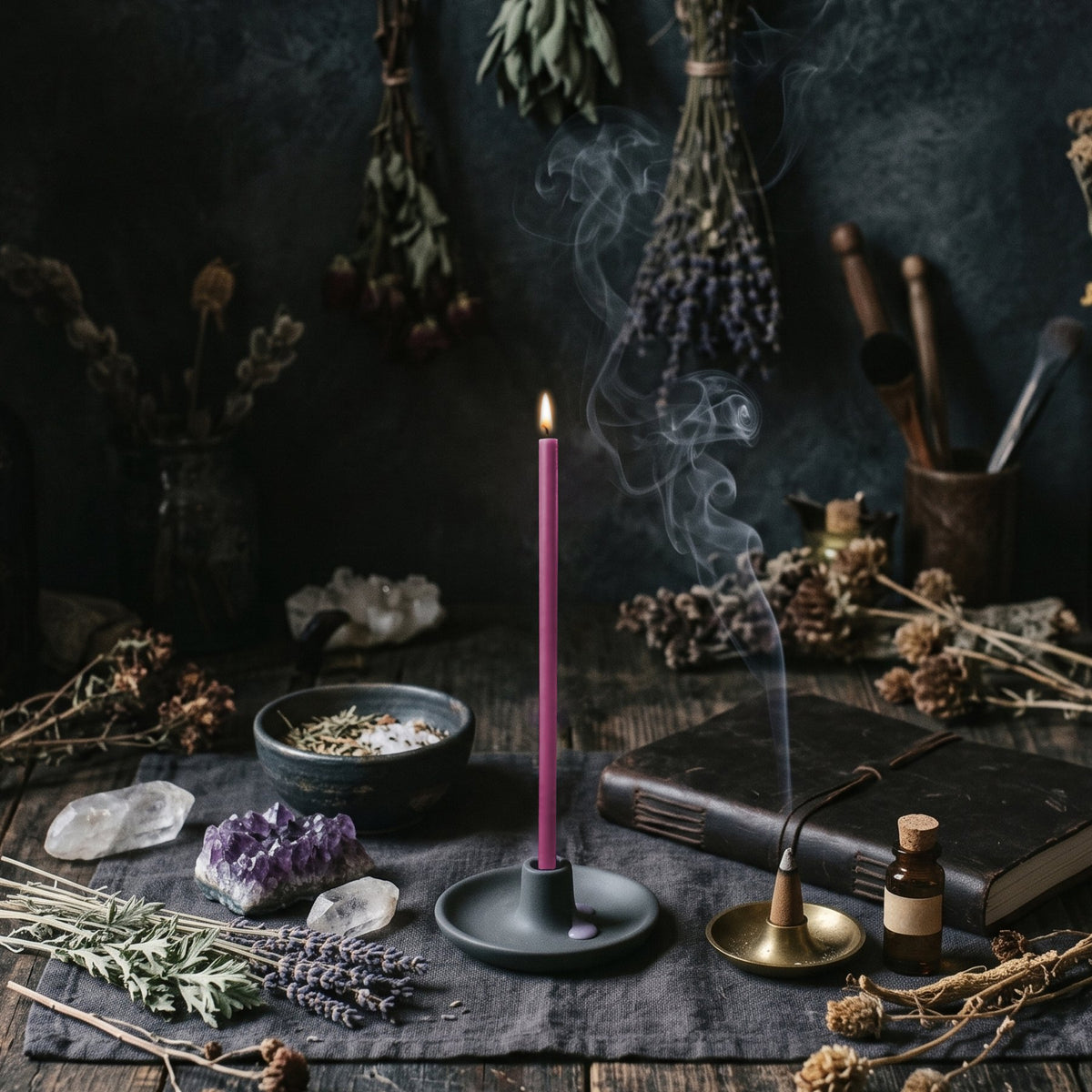 Purple beeswax ritual candle for Spirituality & Intuition, 6.3 inch, Closterra
