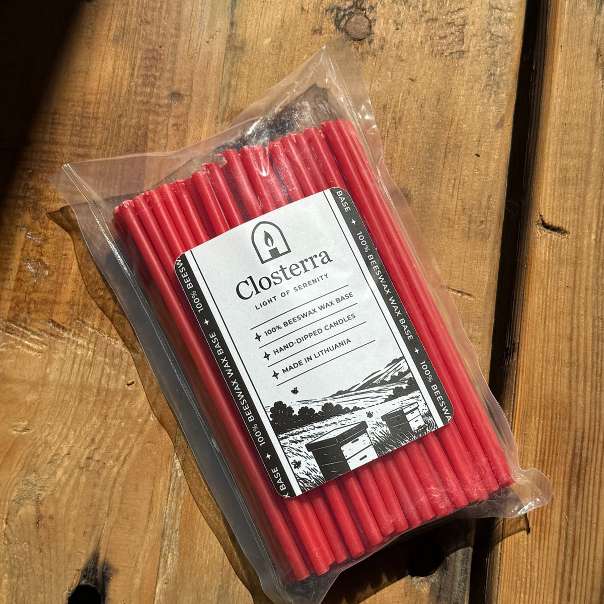 6.3 inch red beeswax ritual candles, pack of 100 in Closterra packaging