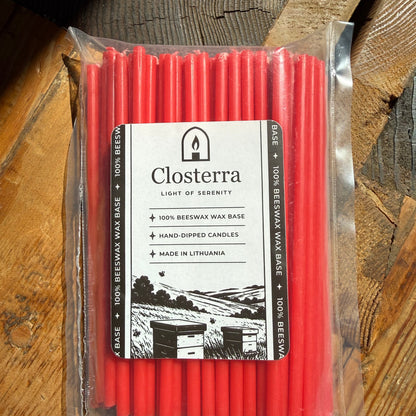 6.5 inch red beeswax ritual candles, pack of 100 in Closterra packaging
