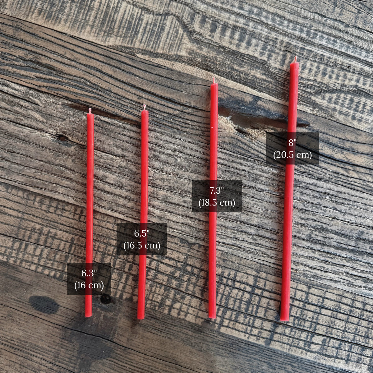 Red beeswax taper candles size comparison chart