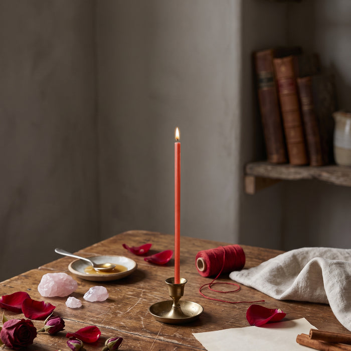 Red thin beeswax ritual candle for Love & Attraction, 6.3 inch, lit in a brass holder with rose petals, rose quartz, honey and red thread, Closterra