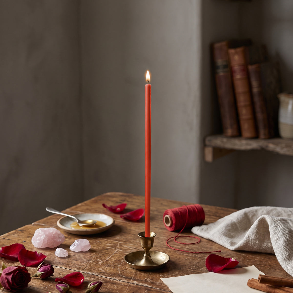 Red thin beeswax ritual candle for Love & Attraction, 8 inch, lit in a brass holder with rose petals, rose quartz, honey and red thread, Closterra