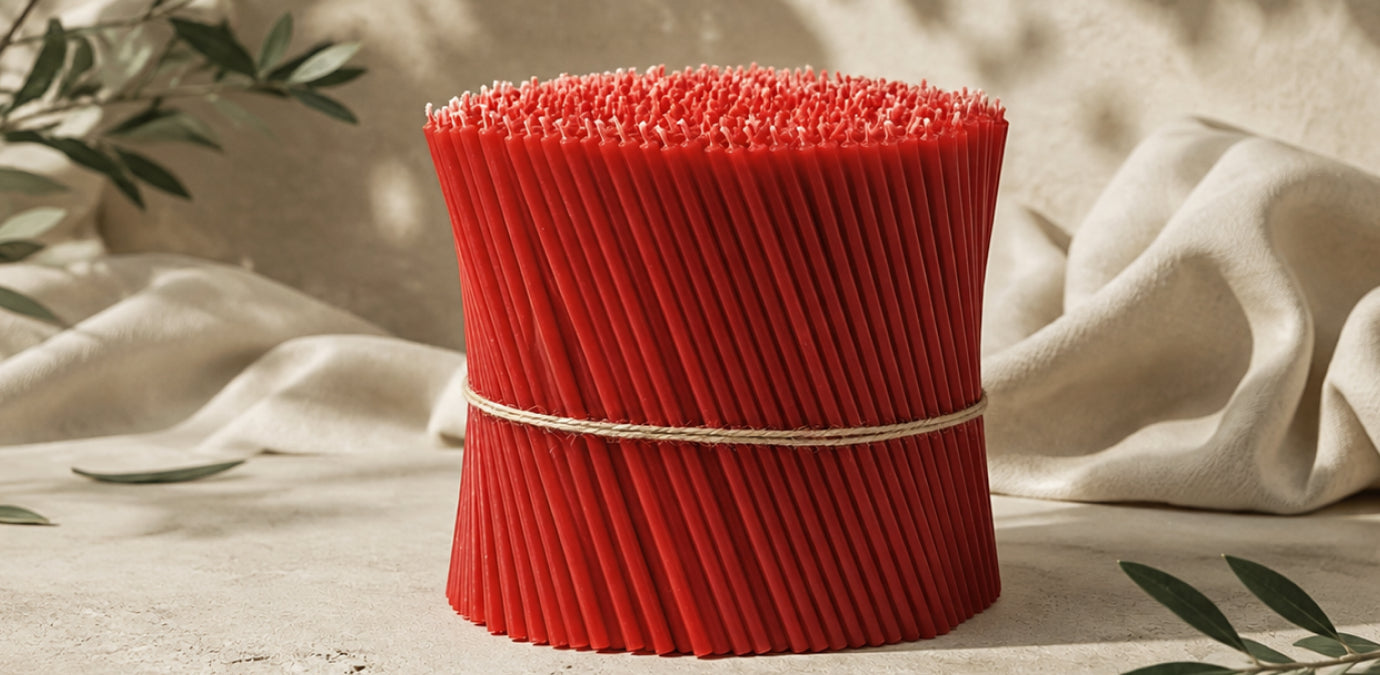Red beeswax taper candles by Closterra