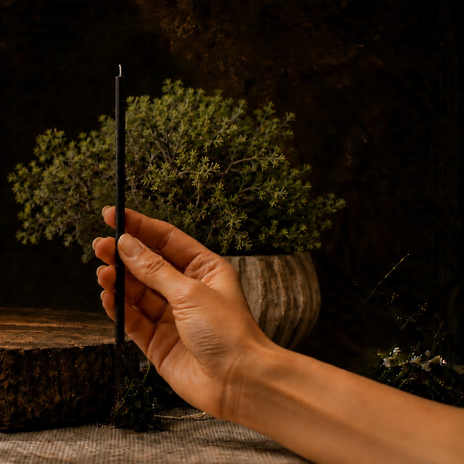 Black thin beeswax taper candle held in hand, 7.3 inch, Closterra