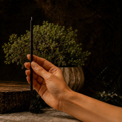 Black thin beeswax taper candle held in hand, 7.3 inch, Closterra