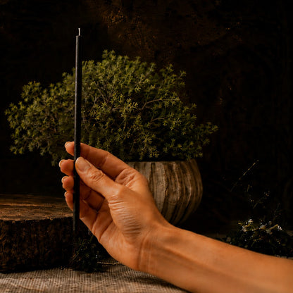 Black thin beeswax taper candle held in hand, 8 inch, Closterra