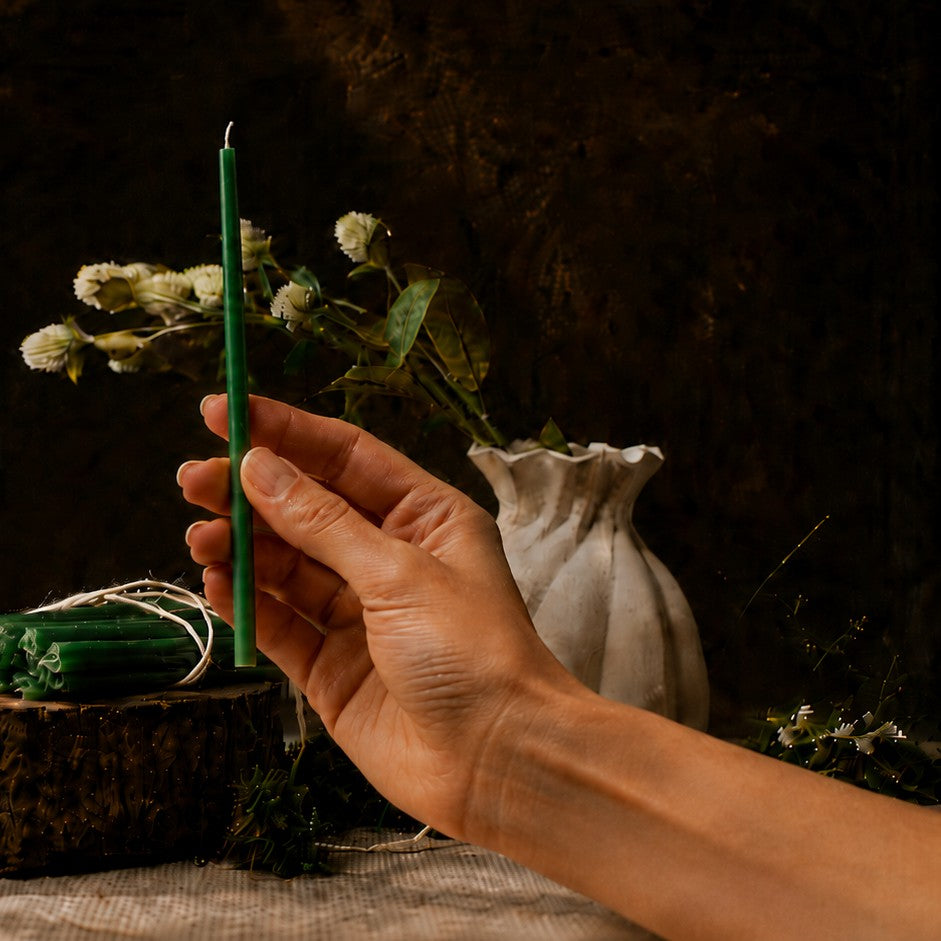 Green thin beeswax taper candle held in hand, 6.5 inch, Closterra