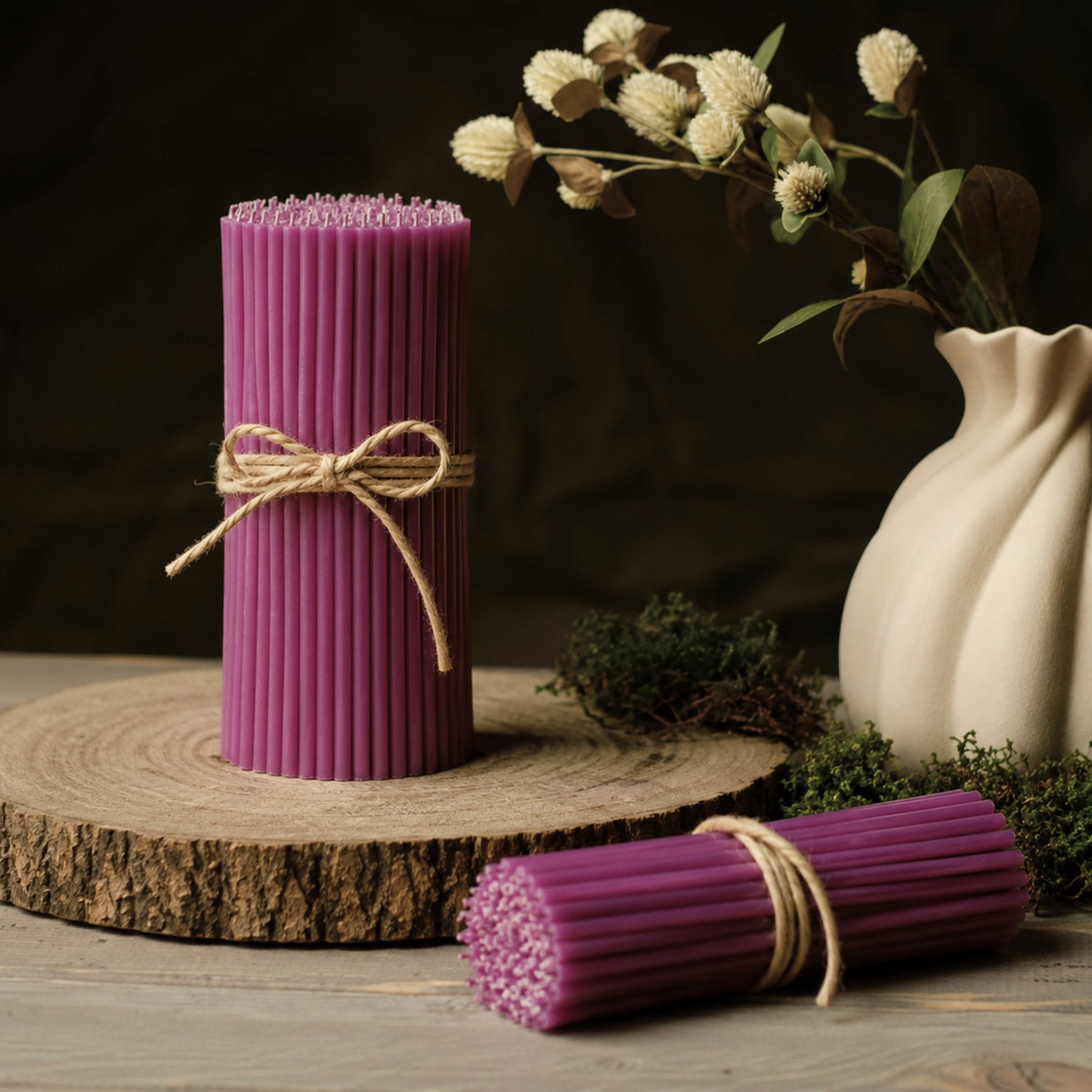Purple thin beeswax taper candles, 7.3 inch, Closterra