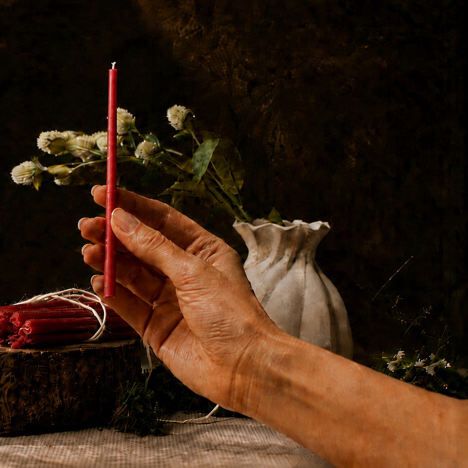Red thin beeswax taper candle held in hand, 6.3 inch, Closterra