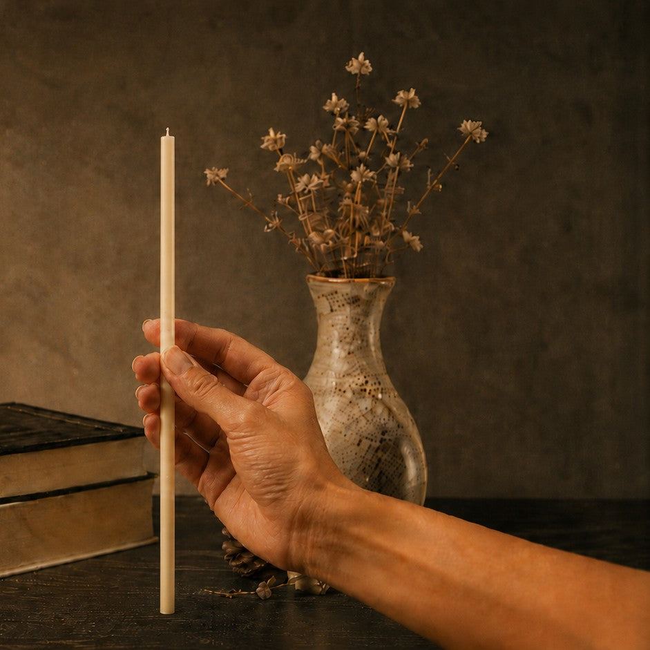 White thin beeswax taper candle held in hand, 10.4 inch, Closterra