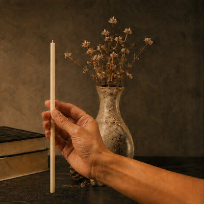 White thin beeswax taper candle held in hand, 10.4 inch, Closterra