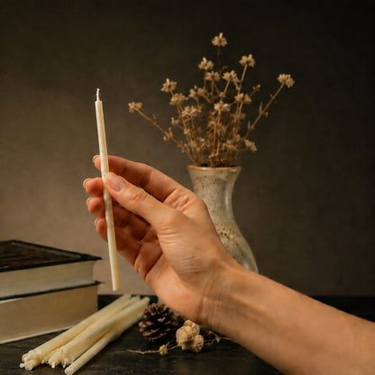 White thin beeswax taper candle held in hand, 6.3 inch, Closterra