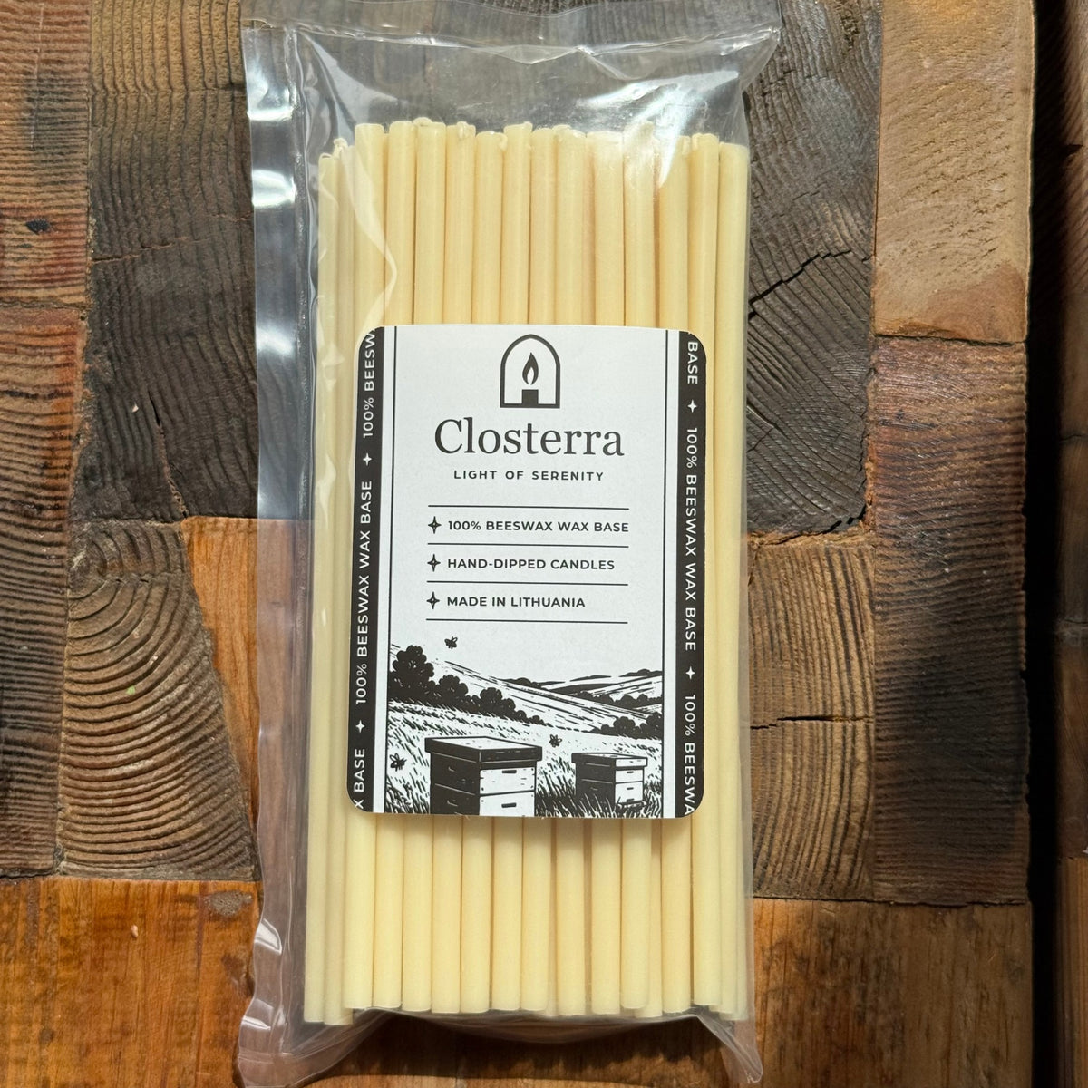 7.3 inch white beeswax ritual candles, pack of 50 in Closterra packaging