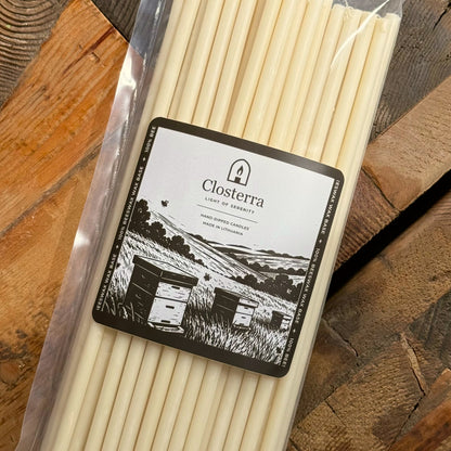 White beeswax taper candles 10.4″, in closterra packaging angled