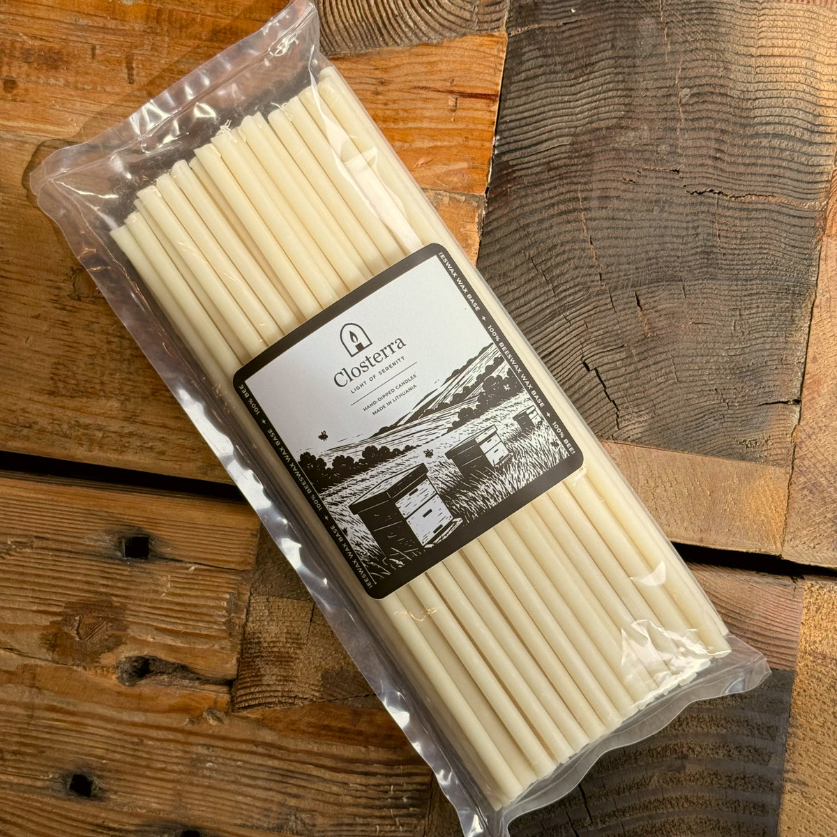White beeswax taper candles 10.4″, in closterra packaging full bag