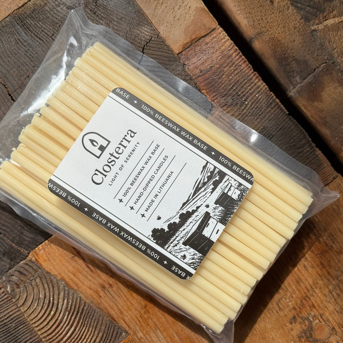 White beeswax taper candles 6.3″, in closterra packaging angled