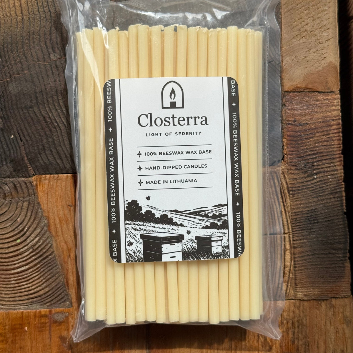 White beeswax taper candles 6.3″, in closterra packaging front label
