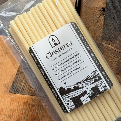 White beeswax taper candles 7.3″, in closterra packaging angled