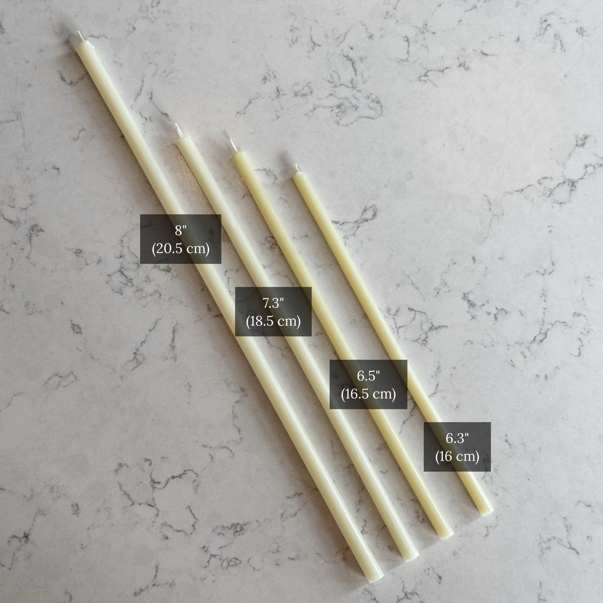 White beeswax taper candles size comparison chart