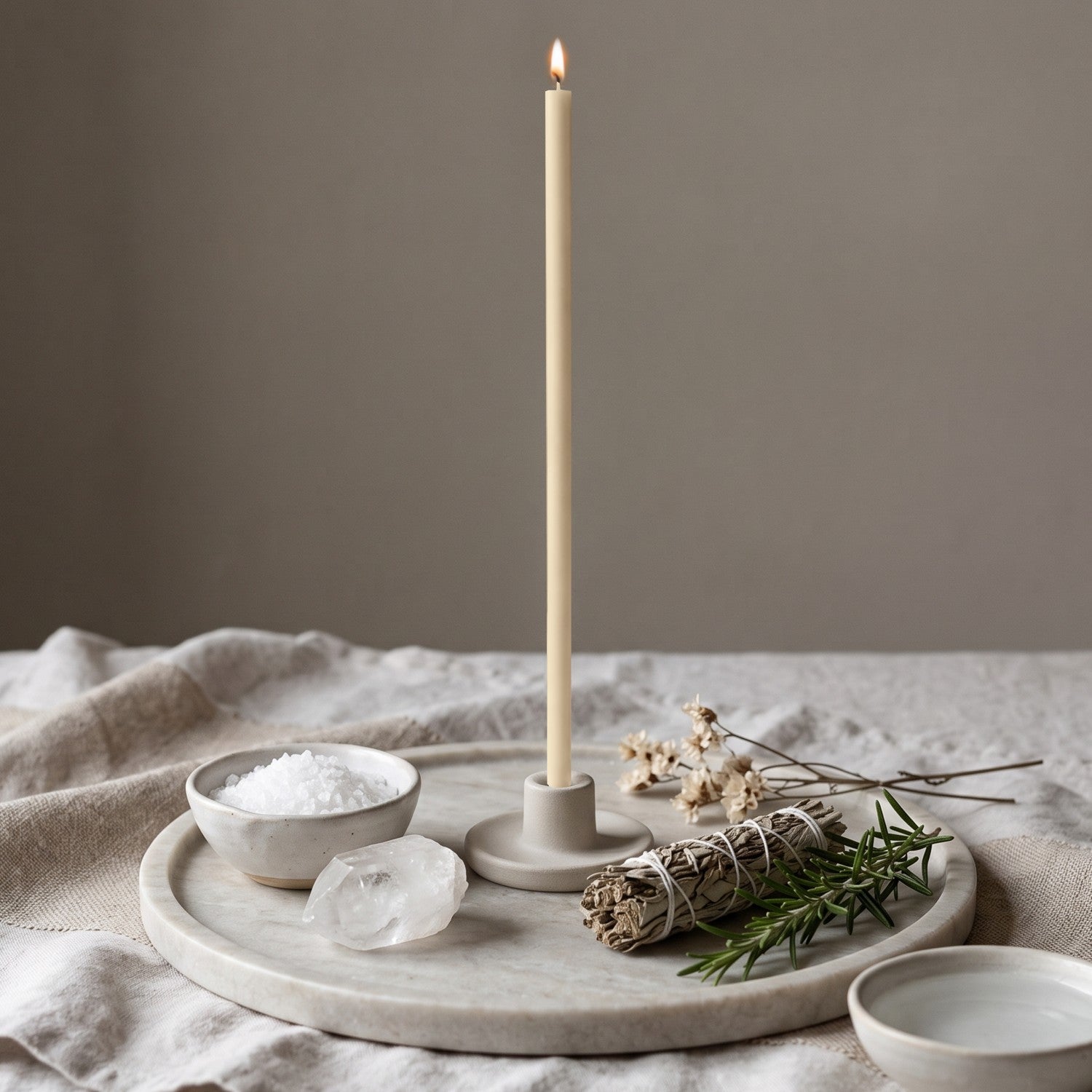 White thin beeswax taper candle for Cleansing & Peace ritual, 10.4 inch, Closterra