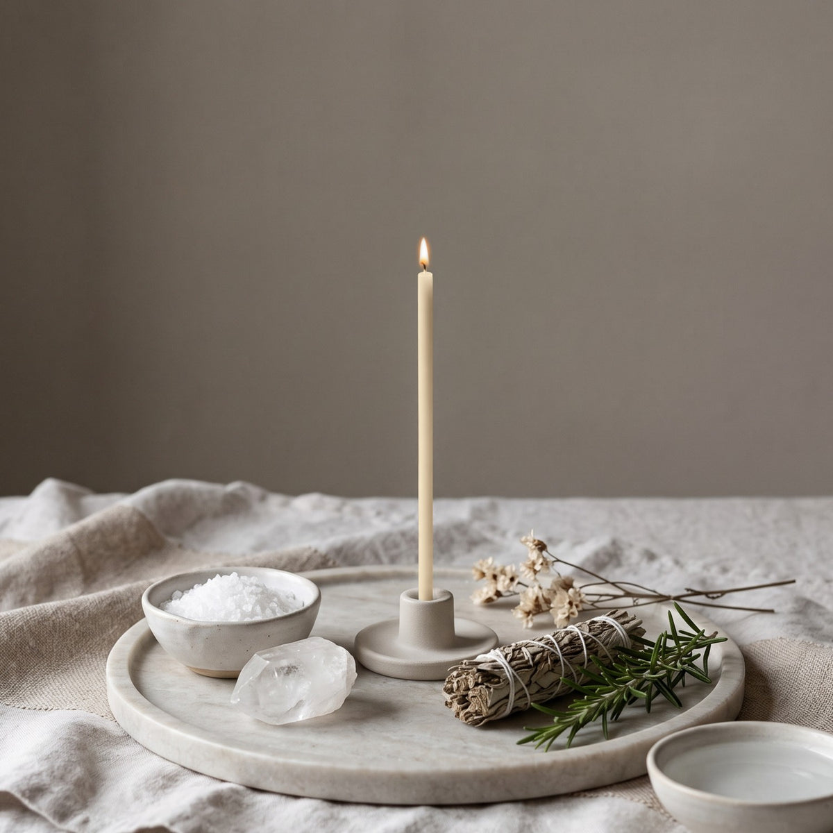 White thin beeswax taper candle for Cleansing & Peace ritual, 6.3 inch, Closterra
