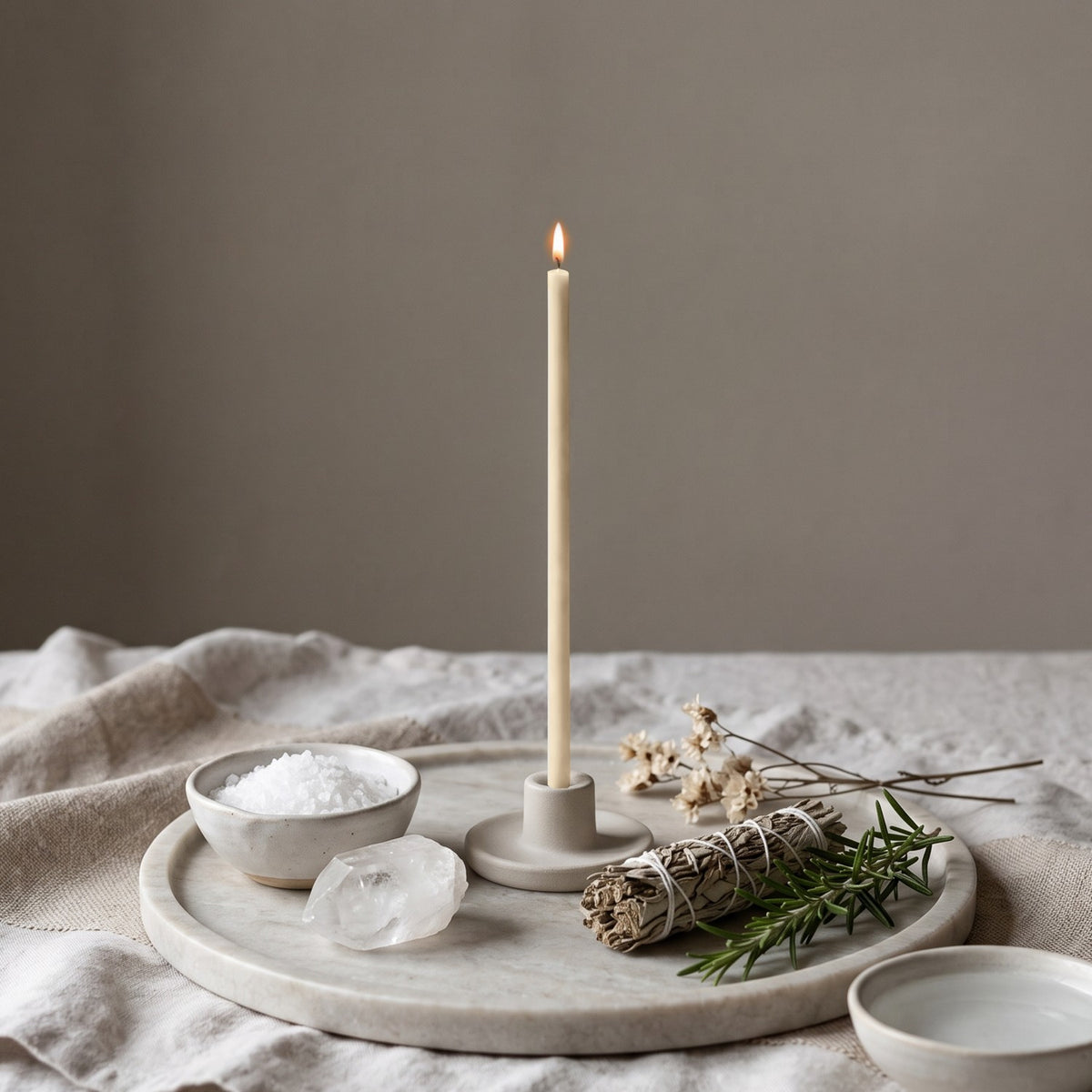White thin beeswax taper candle for Cleansing & Peace ritual, 7.3 inch, Closterra