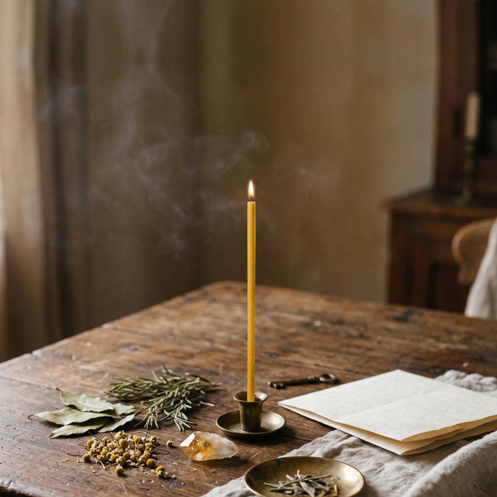 Yellow thin beeswax ritual candle for Success & Confidence, 6.3 inch, lit in a brass holder with bay leaves, rosemary, chamomile, citrine and a key, Closterra