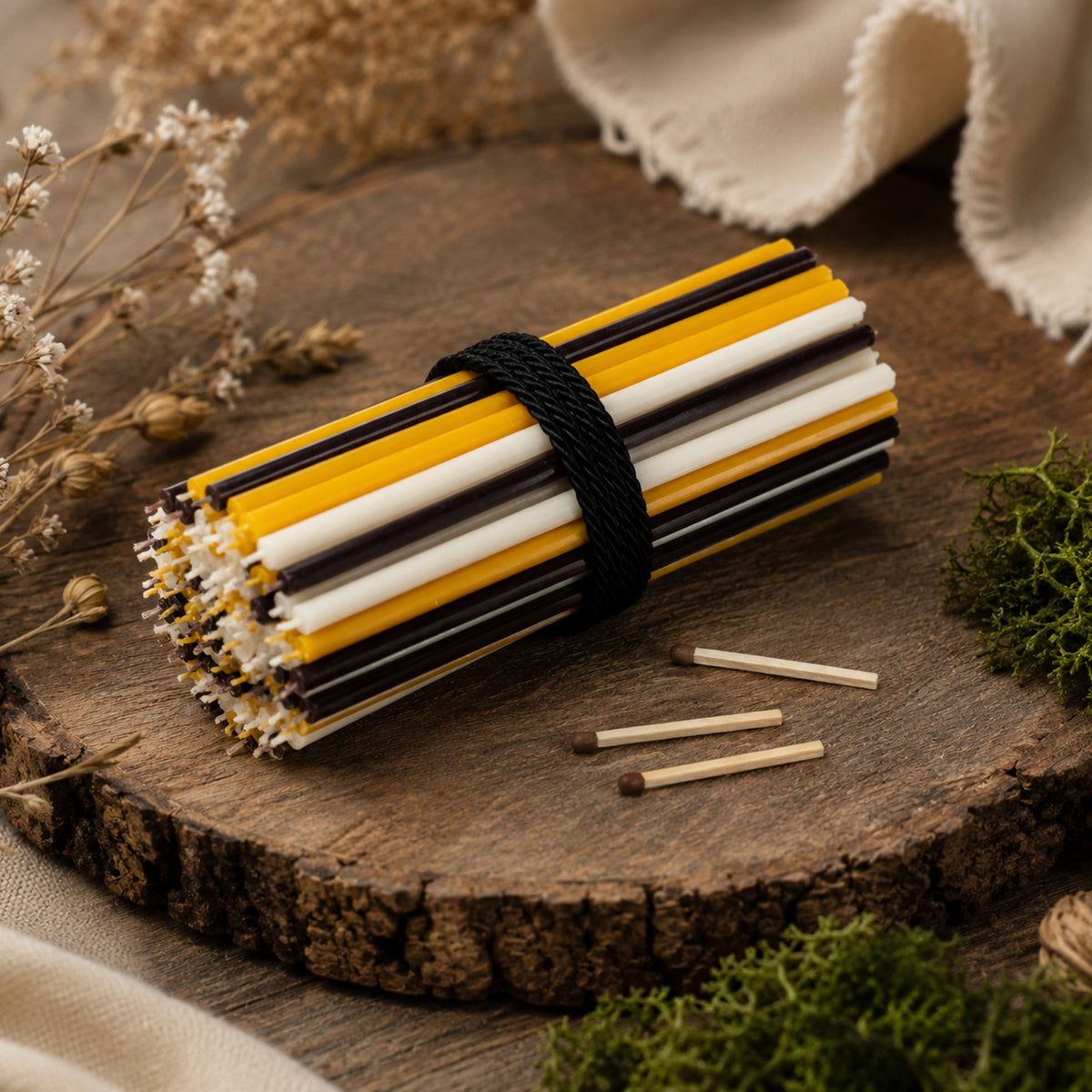 Natural, black and white thin beeswax taper candles set, 6.3 inch, Closterra