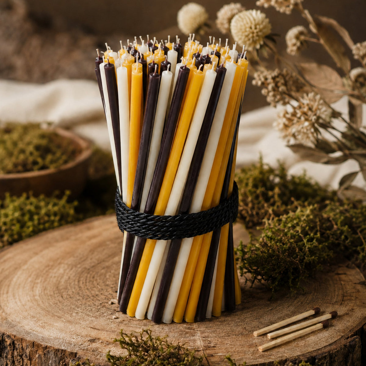Natural, black and white thin beeswax taper candles set, 6.5 inch, Closterra