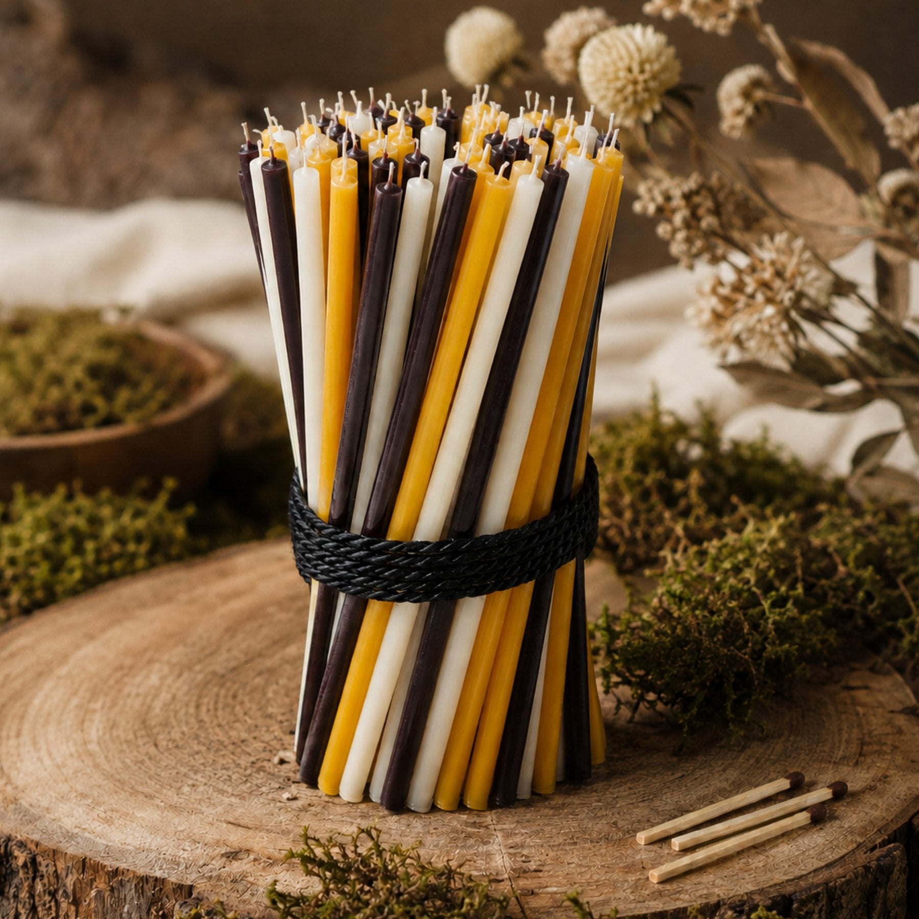 Natural, black and white thin beeswax taper candles set, 6.5 inch, Closterra