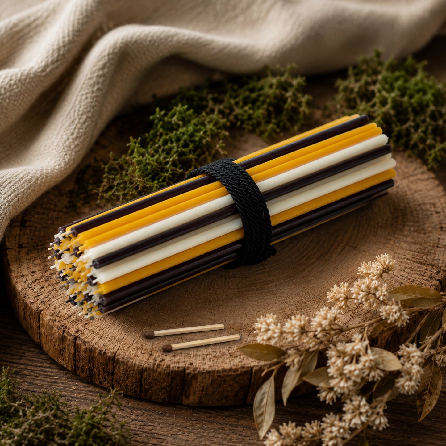 Natural, black and white thin beeswax taper candles set, 7.3 inch, Closterra