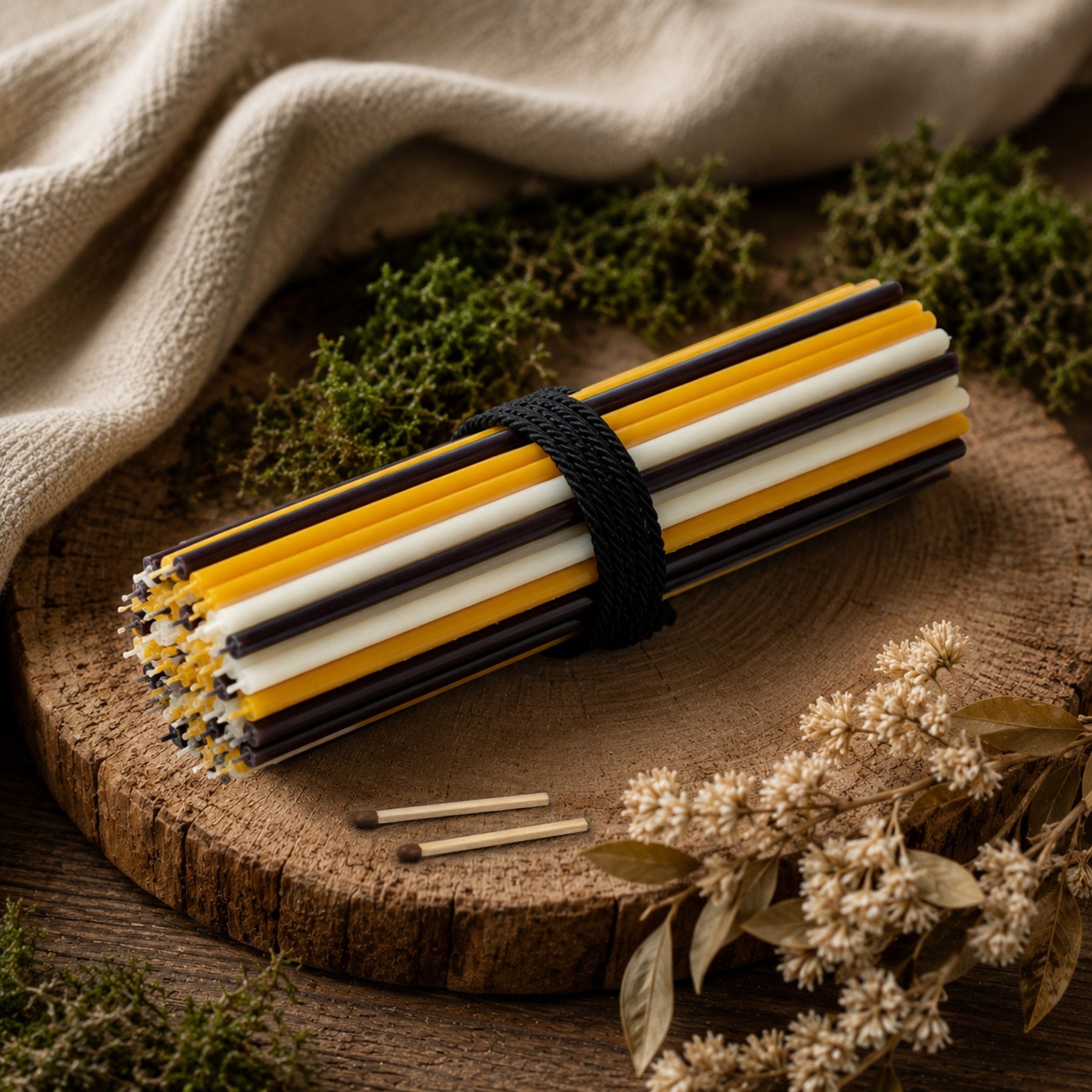 Natural, black and white thin beeswax taper candles set, 7.3 inch, Closterra
