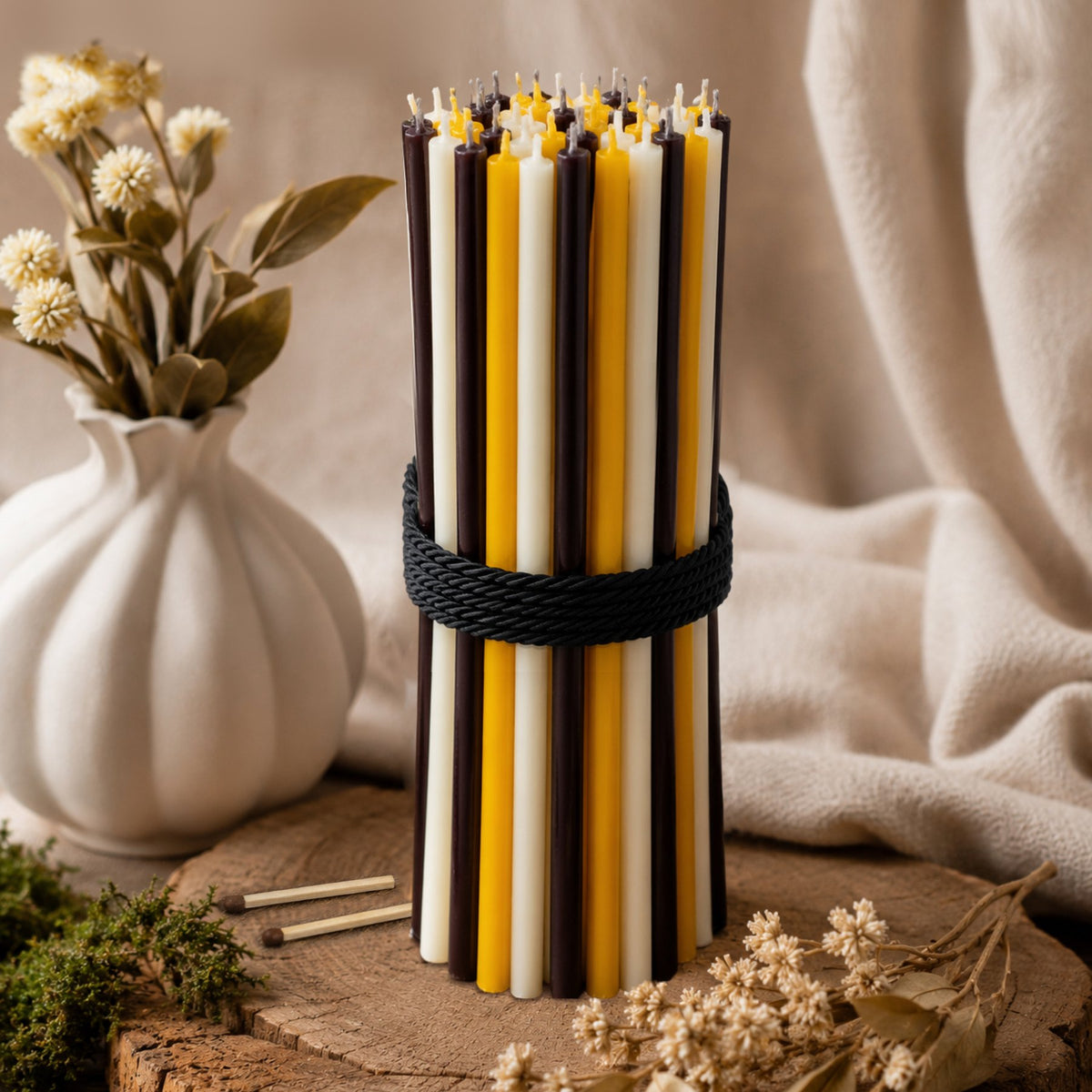 Natural, black and white thin beeswax taper candles set, 8 inch, Closterra